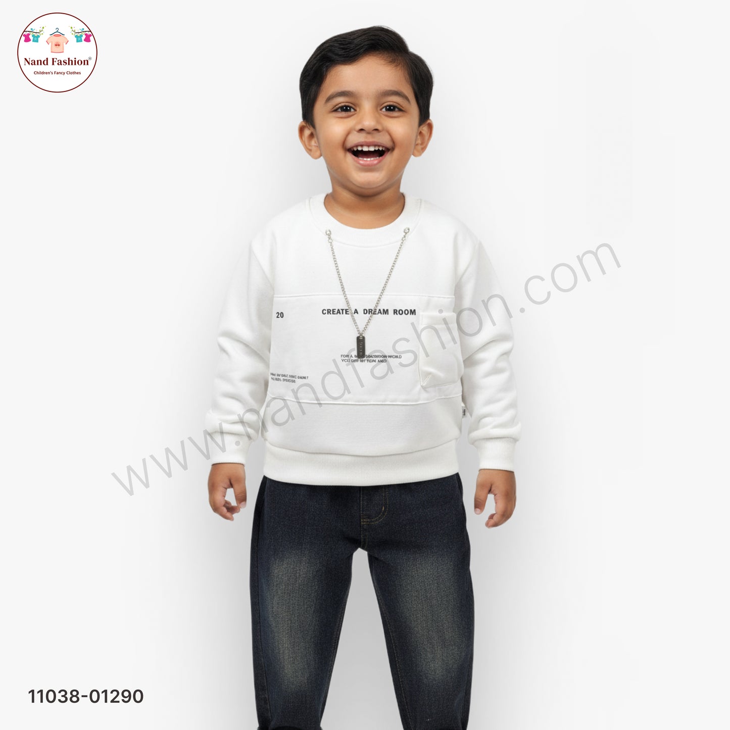 Boys White Sweatshirt with Denim Jeans Set – Winter Wear Pair Party Wear Set