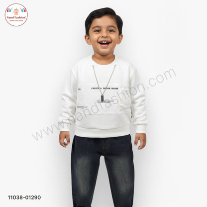 Boys White Sweatshirt with Denim Jeans Set – Winter Wear Pair Party Wear Set