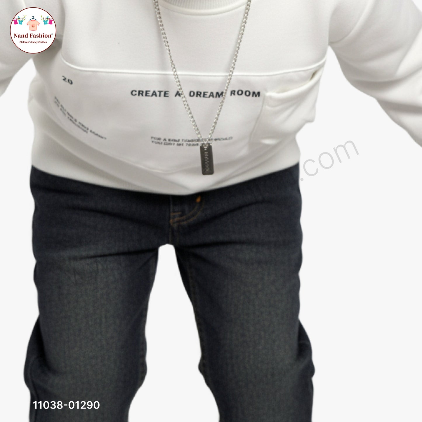 Boys White Sweatshirt with Denim Jeans Set – Winter Wear Pair Party Wear Set