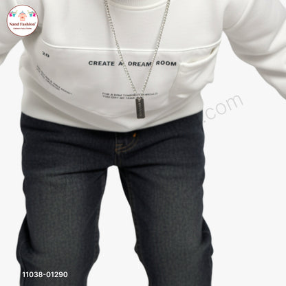 Boys White Sweatshirt with Denim Jeans Set – Winter Wear Pair Party Wear Set