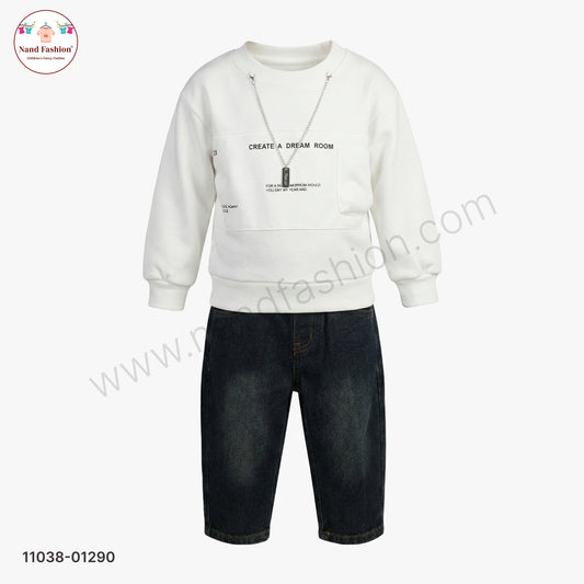 Boys White Sweatshirt with Denim Jeans Set – Winter Wear Pair Party Wear Set