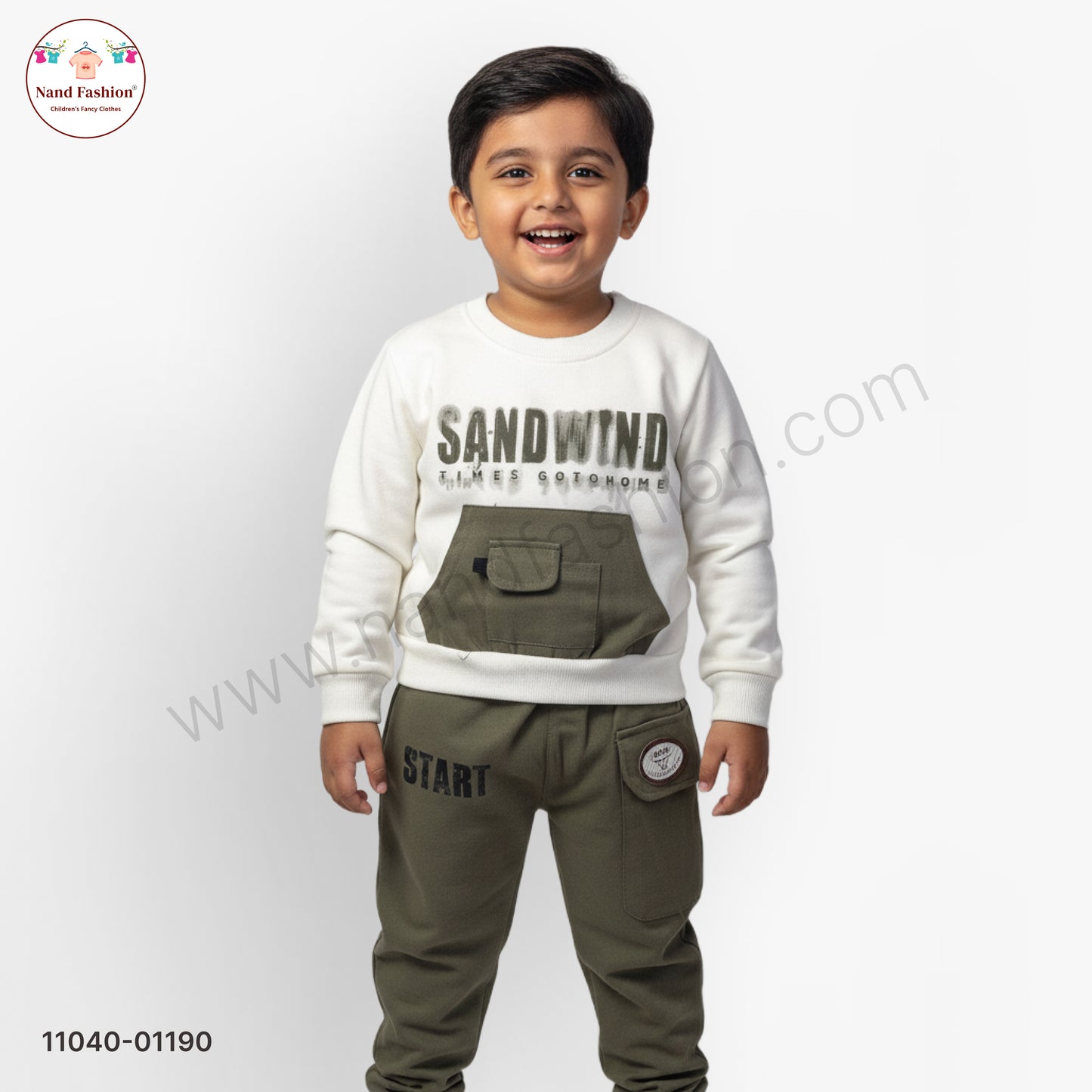 Boys White Sweatshirt with Olive Green Cargo Pants Party Wear Set