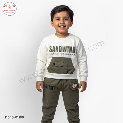 Boys White Sweatshirt with Olive Green Cargo Pants Party Wear Set