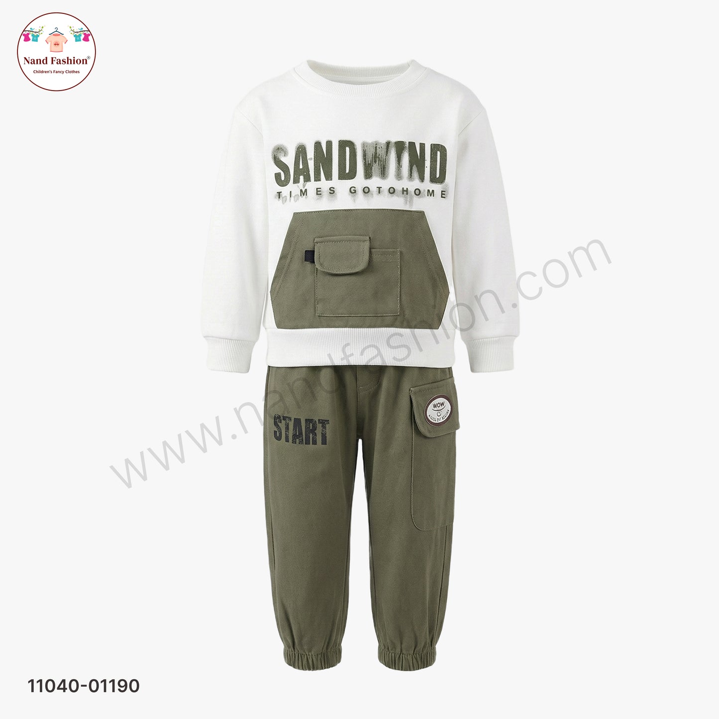 Boys White Sweatshirt with Olive Green Cargo Pants Party Wear Set