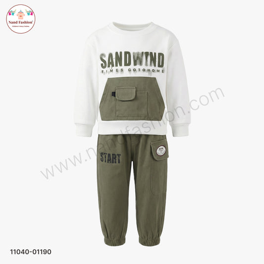 Boys White Sweatshirt with Olive Green Cargo Pants Party Wear Set