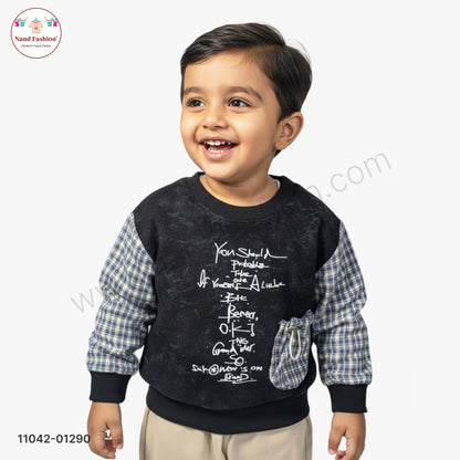 Boys Black Sweatshirt with Checkered Sleeves & Beige Pants Party Wear Set
