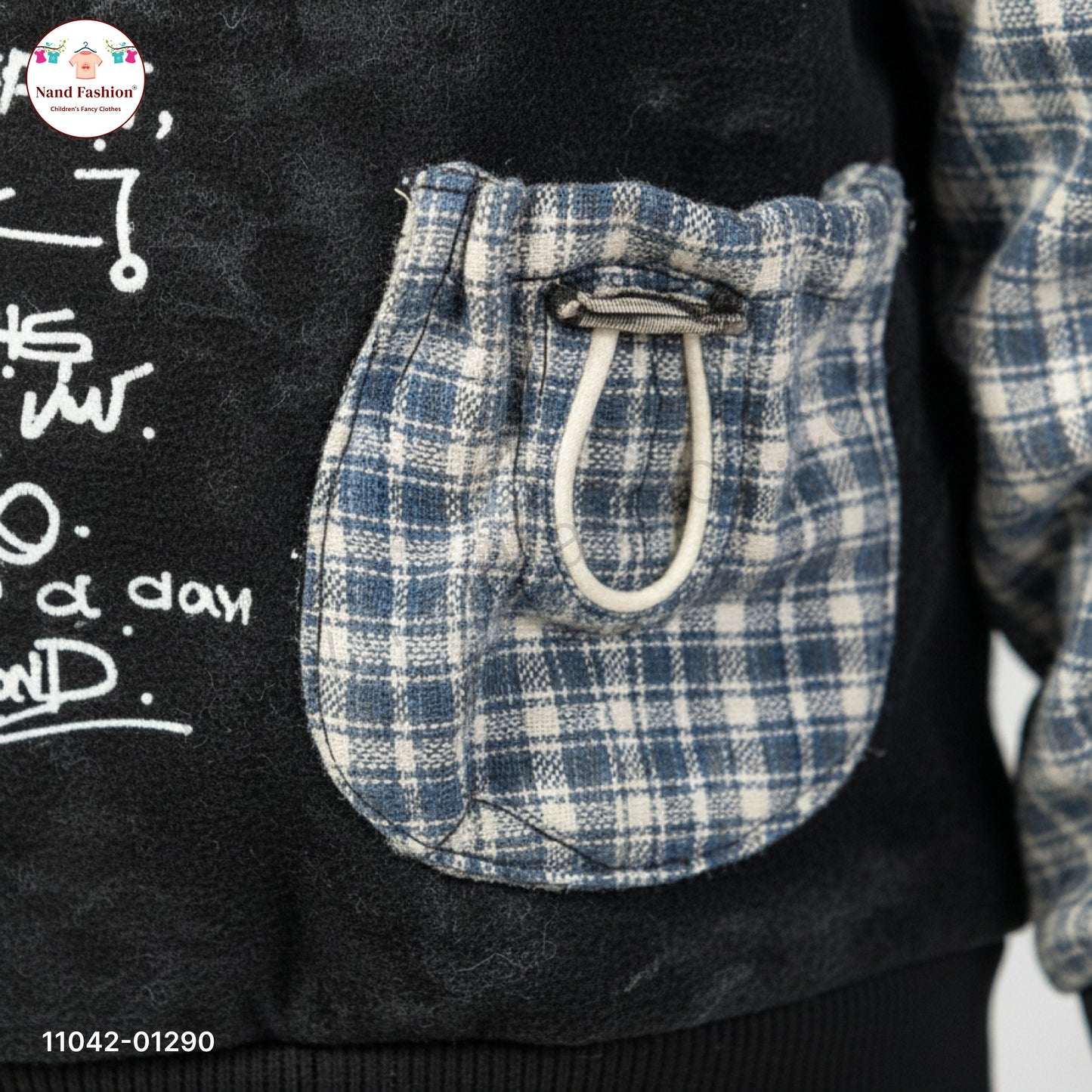 Boys Black Sweatshirt with Checkered Sleeves & Beige Pants Party Wear Set