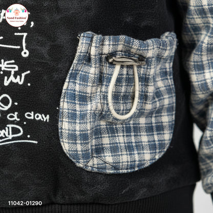 Boys Black Sweatshirt with Checkered Sleeves & Beige Pants Party Wear Set