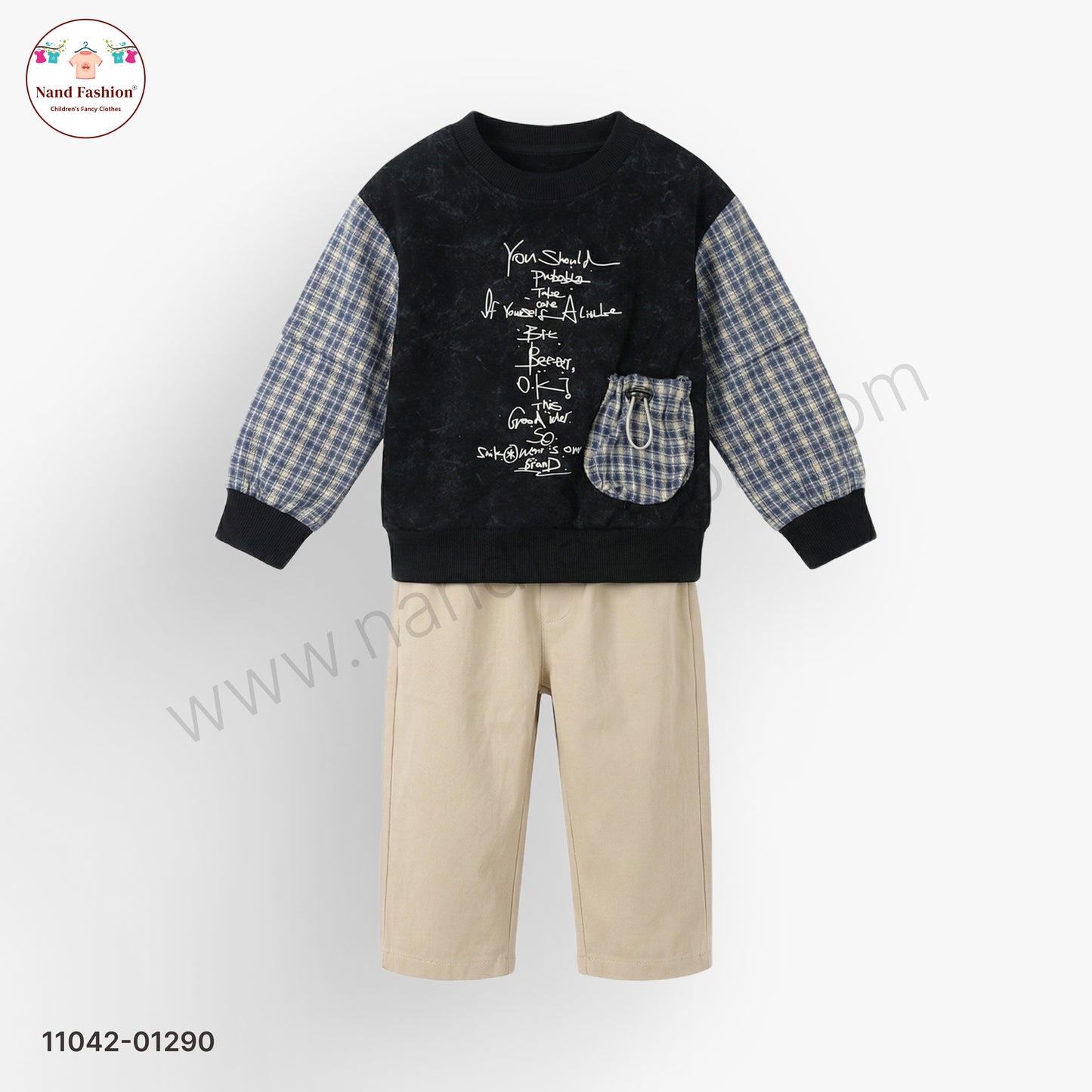 Boys Black Sweatshirt with Checkered Sleeves & Beige Pants Party Wear Set