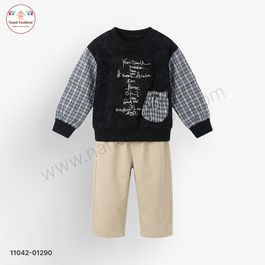 Boys Black Sweatshirt with Checkered Sleeves & Beige Pants Party Wear Set