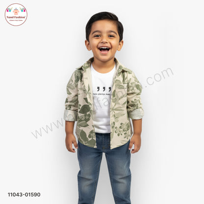 Boys Leaf Print Shirt with T-Shirt & Denim Jeans Party Wear Set