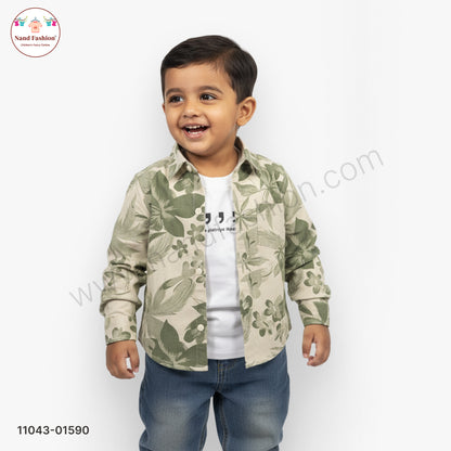 Boys Leaf Print Shirt with T-Shirt & Denim Jeans Party Wear Set