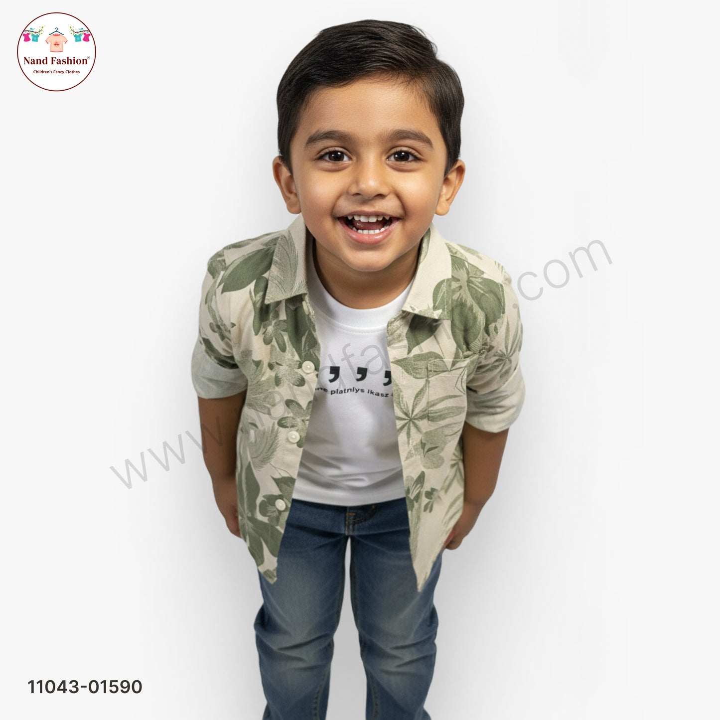 Boys Leaf Print Shirt with T-Shirt & Denim Jeans Party Wear Set