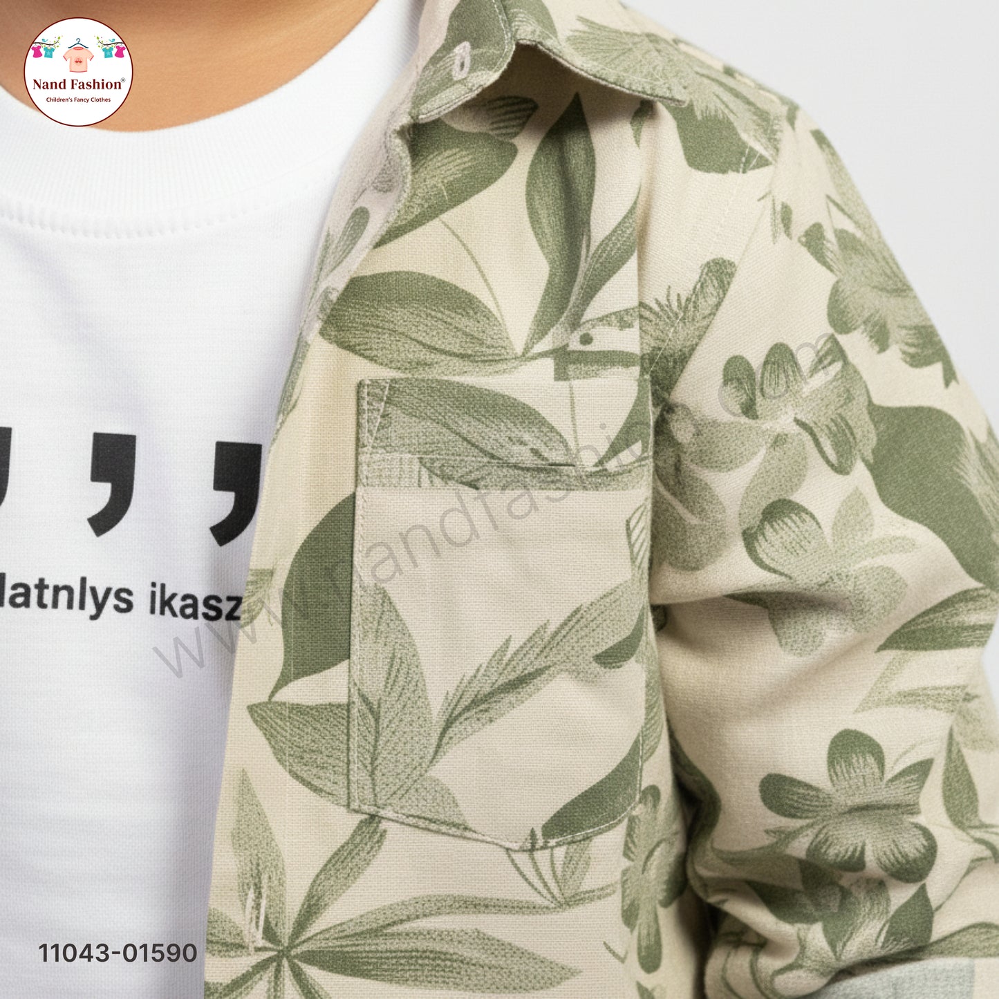 Boys Leaf Print Shirt with T-Shirt & Denim Jeans Party Wear Set