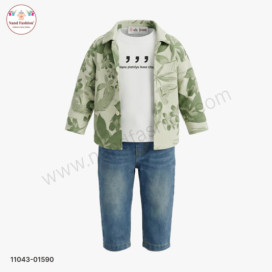 Boys Leaf Print Shirt with T-Shirt & Denim Jeans Party Wear Set