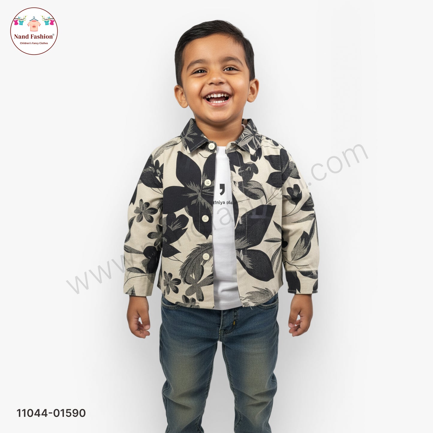 Boys Black Leaf Print Shirt with T-Shirt & Denim Jeans Party Wear Set