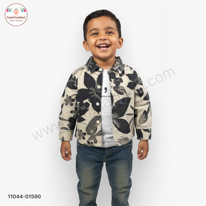 Boys Black Leaf Print Shirt with T-Shirt & Denim Jeans Party Wear Set