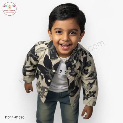Boys Black Leaf Print Shirt with T-Shirt & Denim Jeans Party Wear Set
