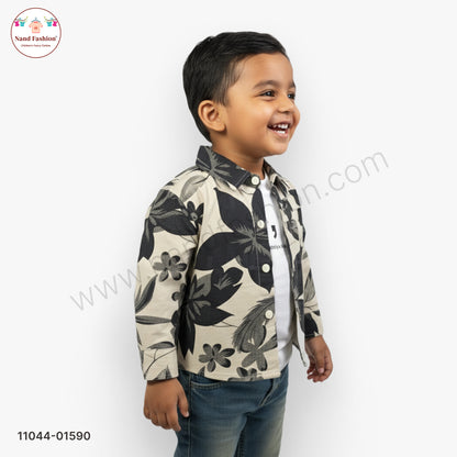 Boys Black Leaf Print Shirt with T-Shirt & Denim Jeans Party Wear Set