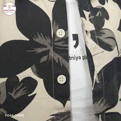 Boys Black Leaf Print Shirt with T-Shirt & Denim Jeans Party Wear Set