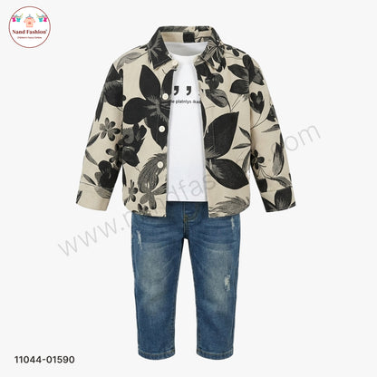 Boys Black Leaf Print Shirt with T-Shirt & Denim Jeans Party Wear Set