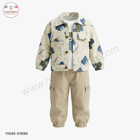 Boys Printed Shirt with T-Shirt & Cargo Pants Party Wear Set