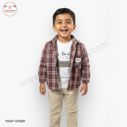 Boys Checked Shirt with Printed T-Shirt & Cotton Pants Party Wear Set