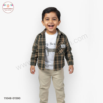 Boys Checked Shirt with Printed T-Shirt & Solid Cotton Pant Party Wear Set