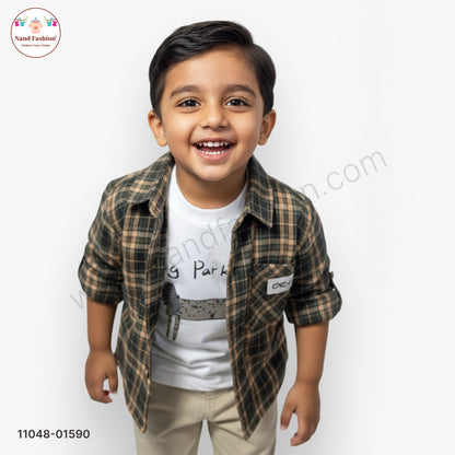 Boys Checked Shirt with Printed T-Shirt & Solid Cotton Pant Party Wear Set