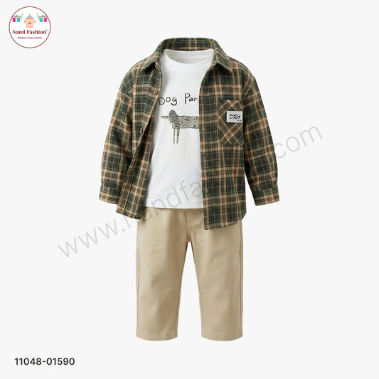 Boys Checked Shirt with Printed T-Shirt & Solid Cotton Pant Party Wear Set