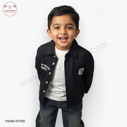 Boys Solid Black Shirt with Printed T-Shirt & Denim Jeans Party Wear Set