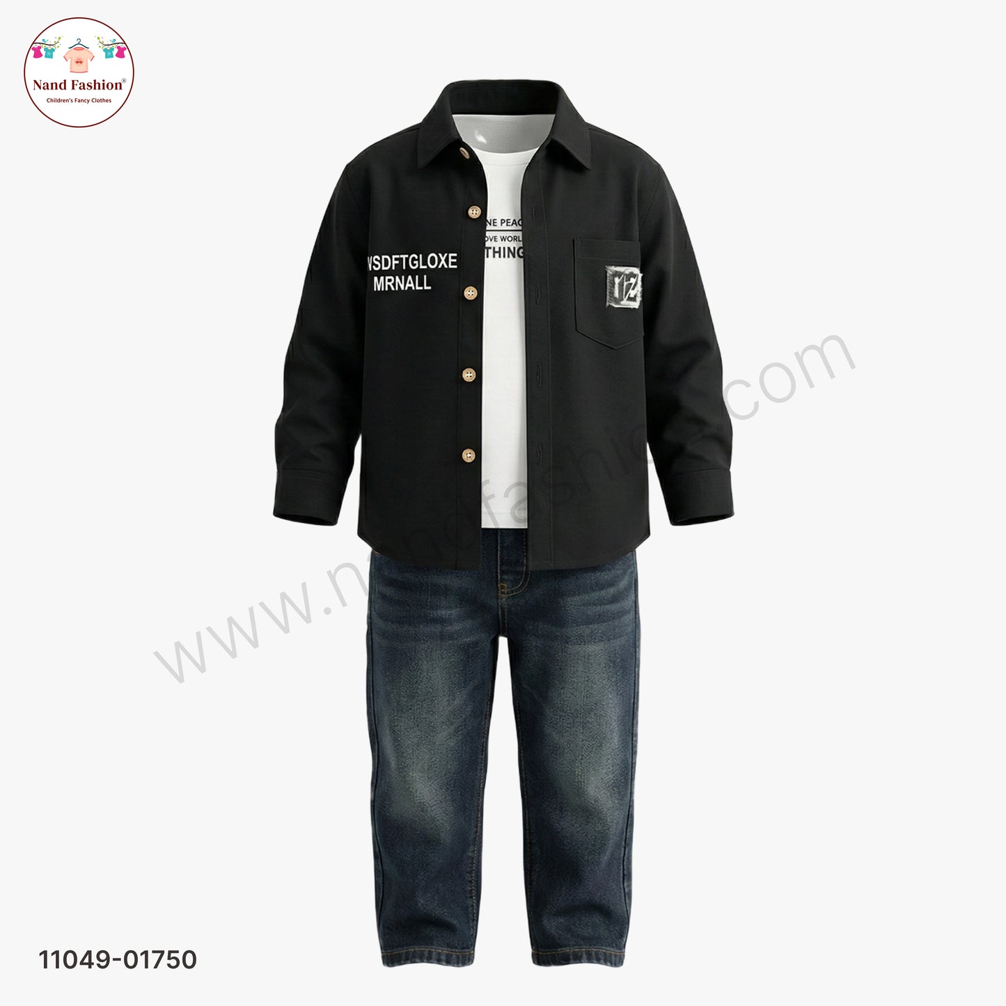 Boys Solid Black Shirt with Printed T-Shirt & Denim Jeans Party Wear Set