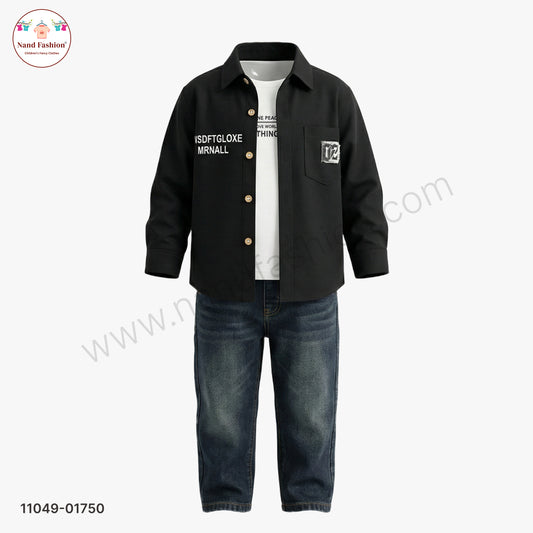 Boys Solid Black Shirt with Printed T-Shirt & Denim Jeans Party Wear Set