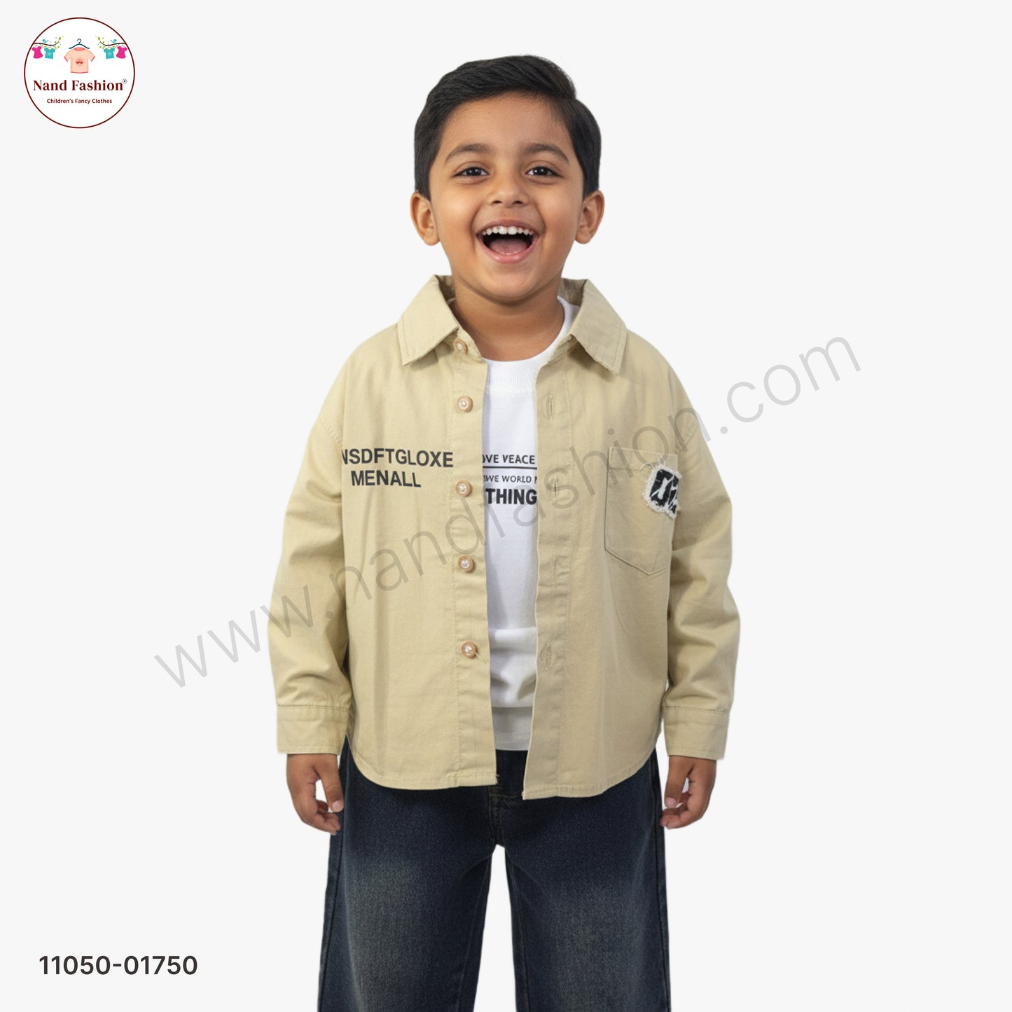 Boys Beige Solid Shirt with Printed T-Shirt & Dark Denim Jeans Party Wear Set
