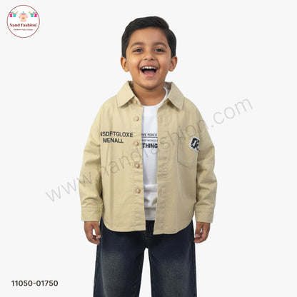 Boys Beige Solid Shirt with Printed T-Shirt & Dark Denim Jeans Party Wear Set