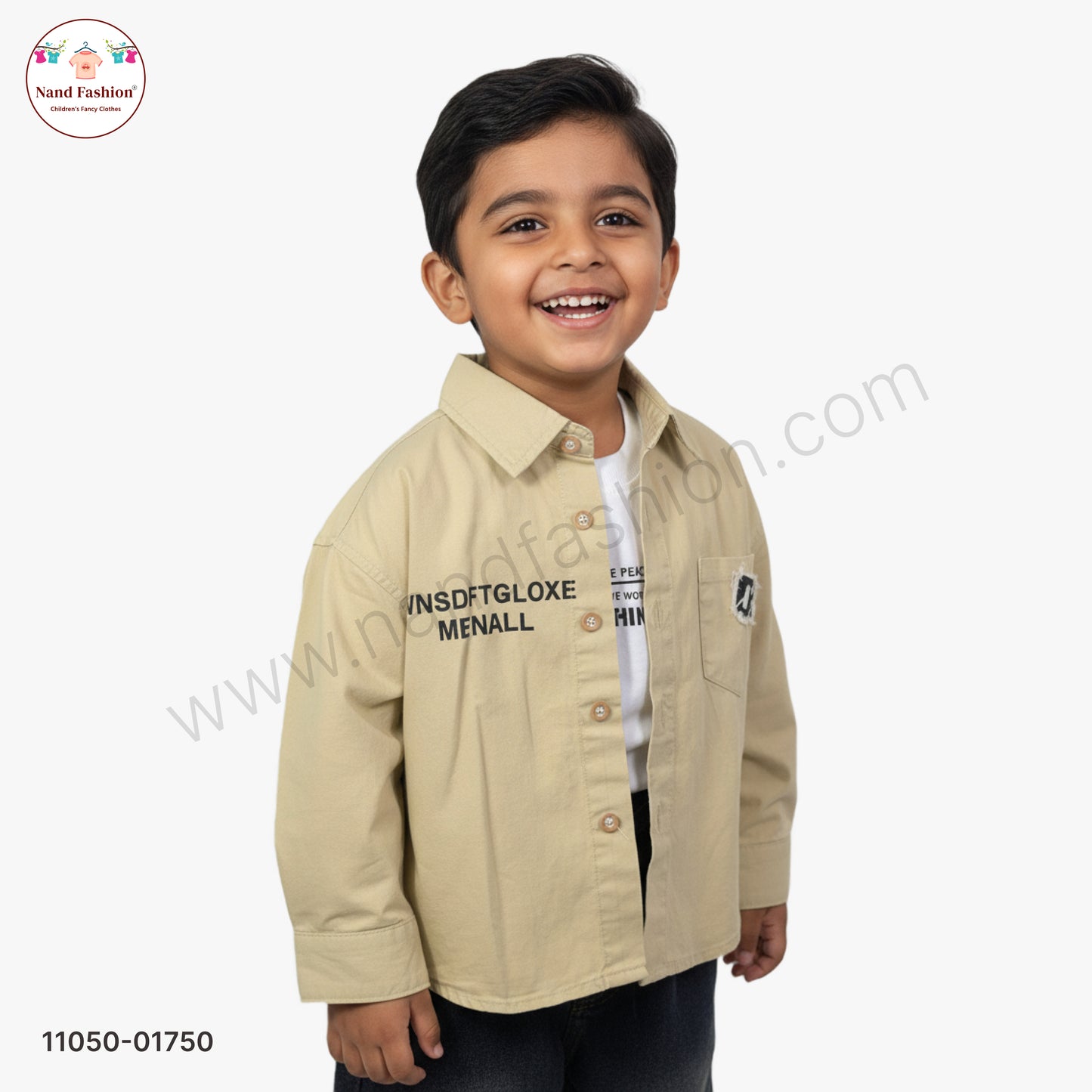 Boys Beige Solid Shirt with Printed T-Shirt & Dark Denim Jeans Party Wear Set