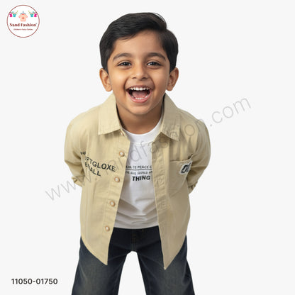 Boys Beige Solid Shirt with Printed T-Shirt & Dark Denim Jeans Party Wear Set