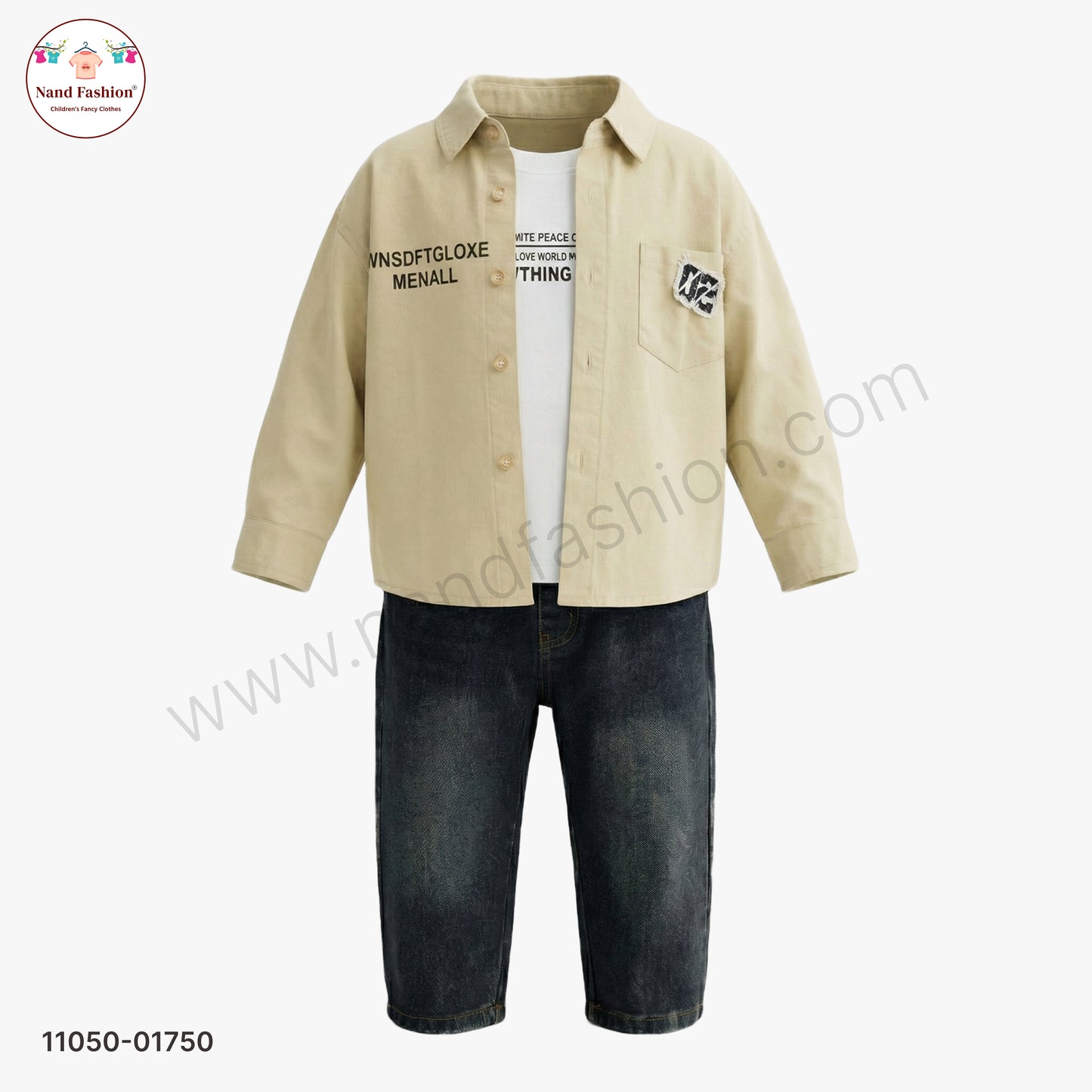 Boys Beige Solid Shirt with Printed T-Shirt & Dark Denim Jeans Party Wear Set