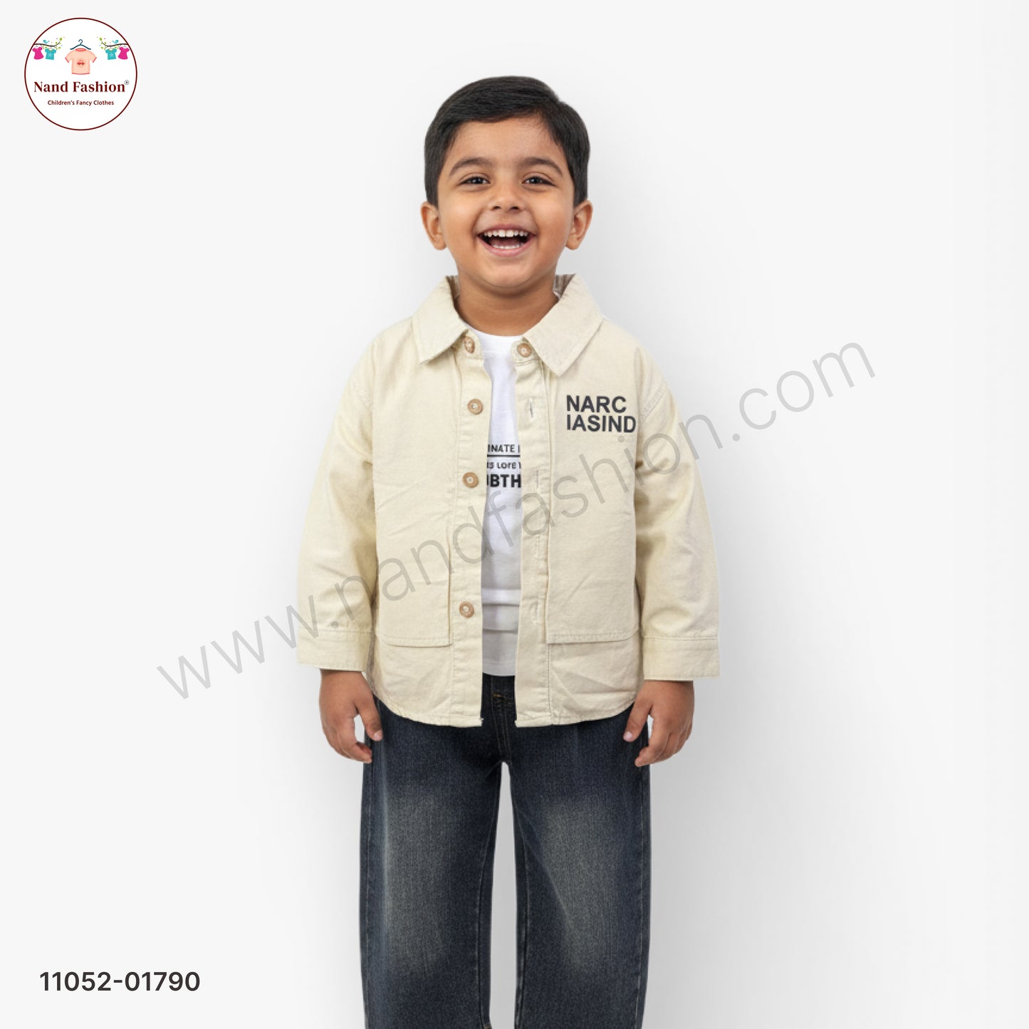 Boys Solid Cream Shirt with White T-Shirt & Blue Denim Jeans Party Wear Set