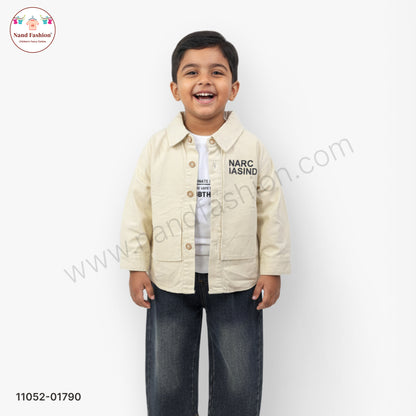 Boys Solid Cream Shirt with White T-Shirt & Blue Denim Jeans Party Wear Set