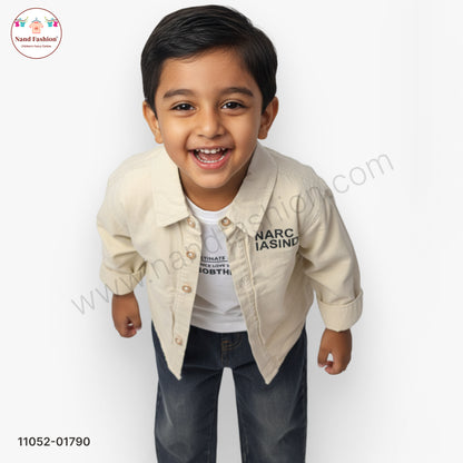 Boys Solid Cream Shirt with White T-Shirt & Blue Denim Jeans Party Wear Set