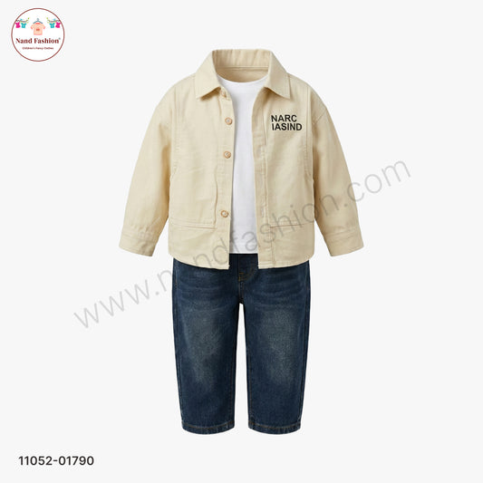 Boys Solid Cream Shirt with White T-Shirt & Blue Denim Jeans Party Wear Set