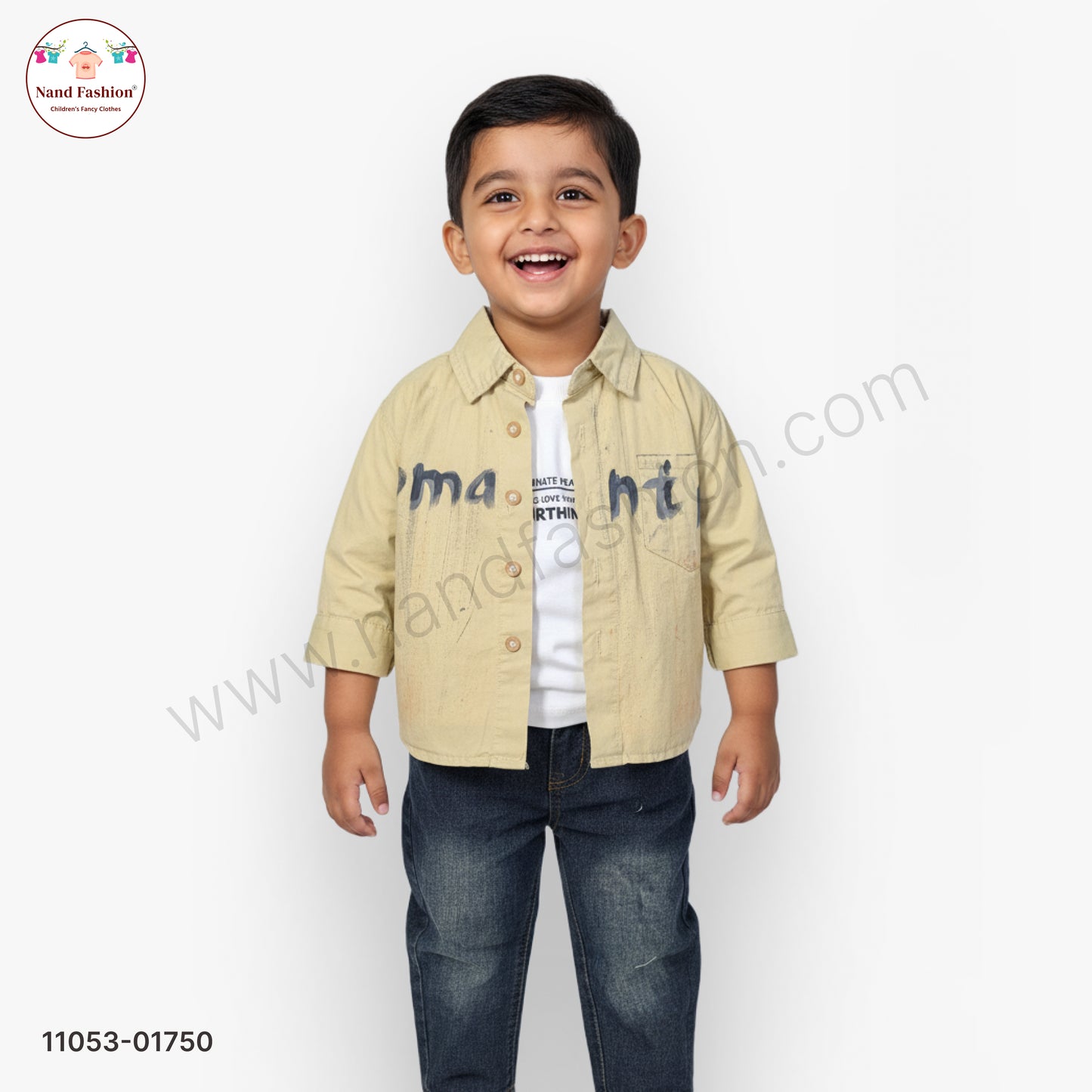 Boys Printed Beige Shirt with White T-Shirt & Blue Denim Jeans Party Wear Set