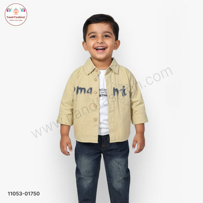 Boys Printed Beige Shirt with White T-Shirt & Blue Denim Jeans Party Wear Set