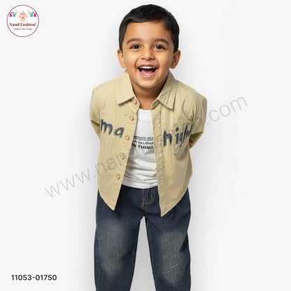 Boys Printed Beige Shirt with White T-Shirt & Blue Denim Jeans Party Wear Set
