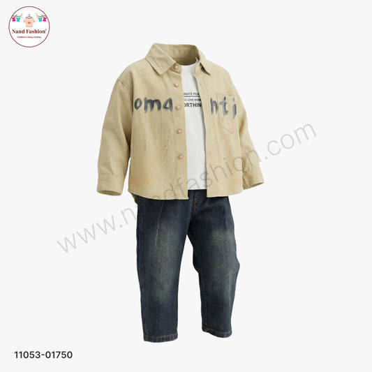 Boys Printed Beige Shirt with White T-Shirt & Blue Denim Jeans Party Wear Set