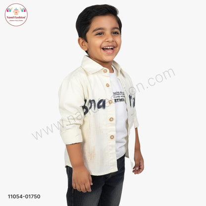 Boys Printed Cream Shirt with White T-Shirt & Black Denim Jeans Party Wear Set