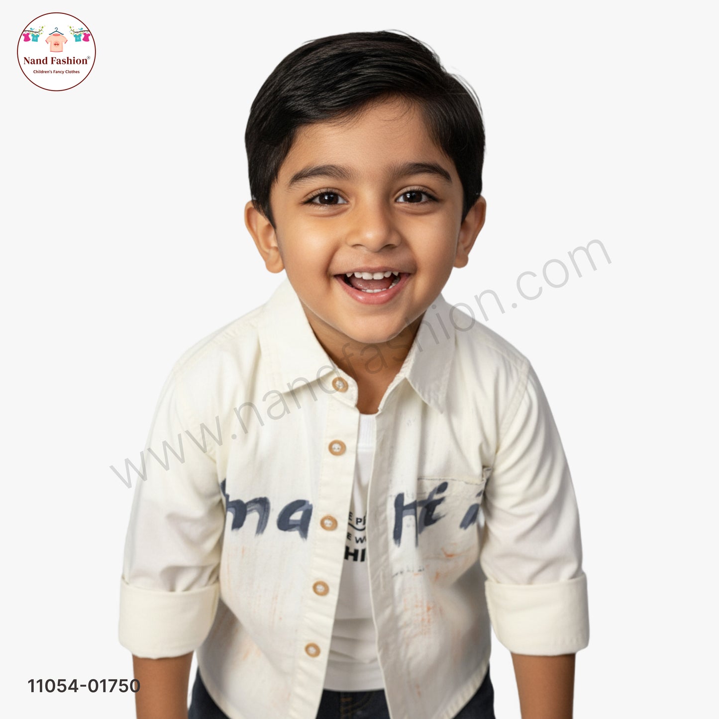 Boys Printed Cream Shirt with White T-Shirt & Black Denim Jeans Party Wear Set