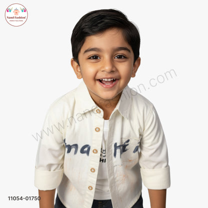 Boys Printed Cream Shirt with White T-Shirt & Black Denim Jeans Party Wear Set