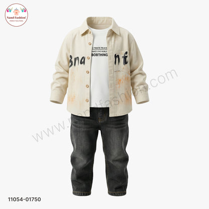 Boys Printed Cream Shirt with White T-Shirt & Black Denim Jeans Party Wear Set